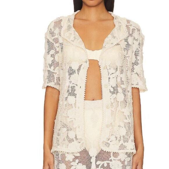 NEW Agua Bendita x Revolve Axel Crochet Floral Button Front Top in cream - Picture 1 of 7